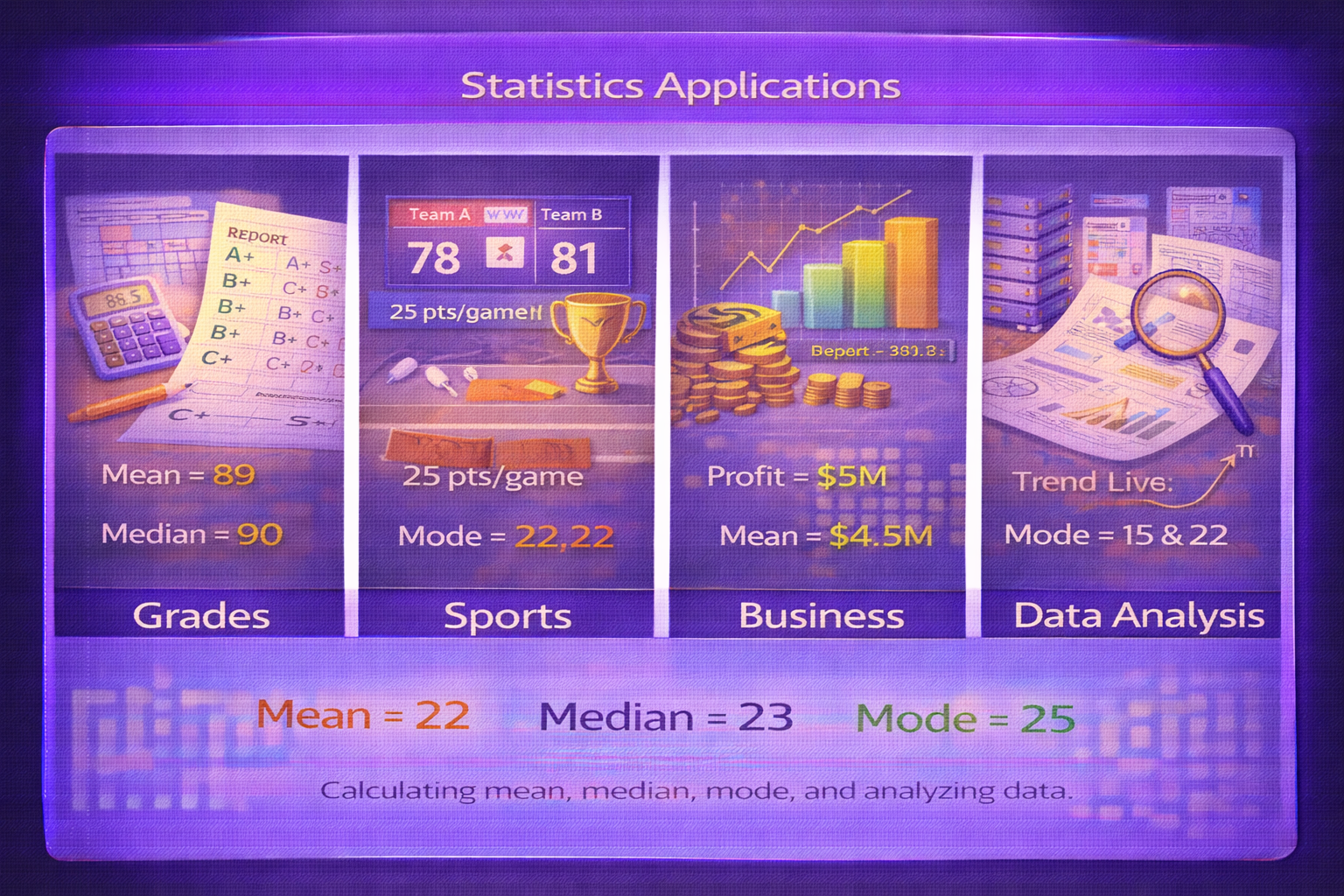Statistics applications grades sports business data analysis
